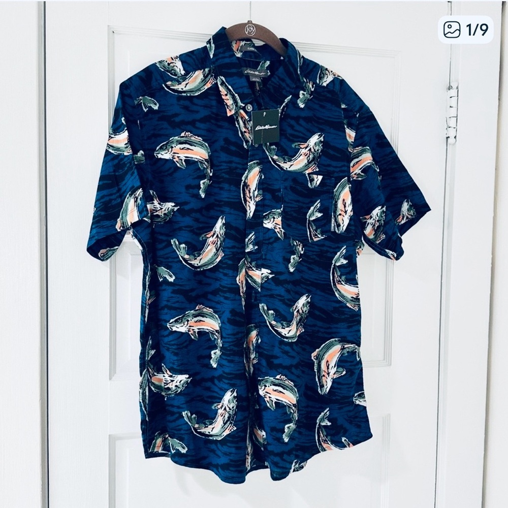 New Eddie Bauer Mr SS Baja Blue Fish Mens Button Down Shirt NWT- Large.